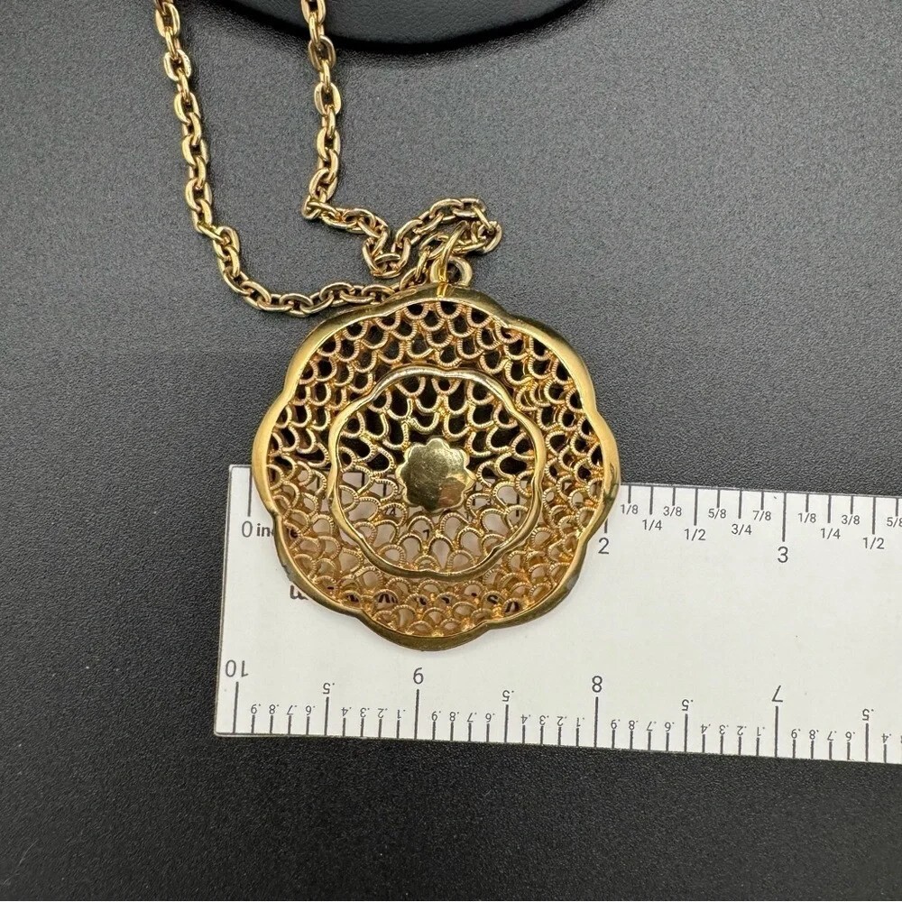 Vintage Multilayer Intricate Gold Tone Necklace with Large Pendant - Picture 14 of 16